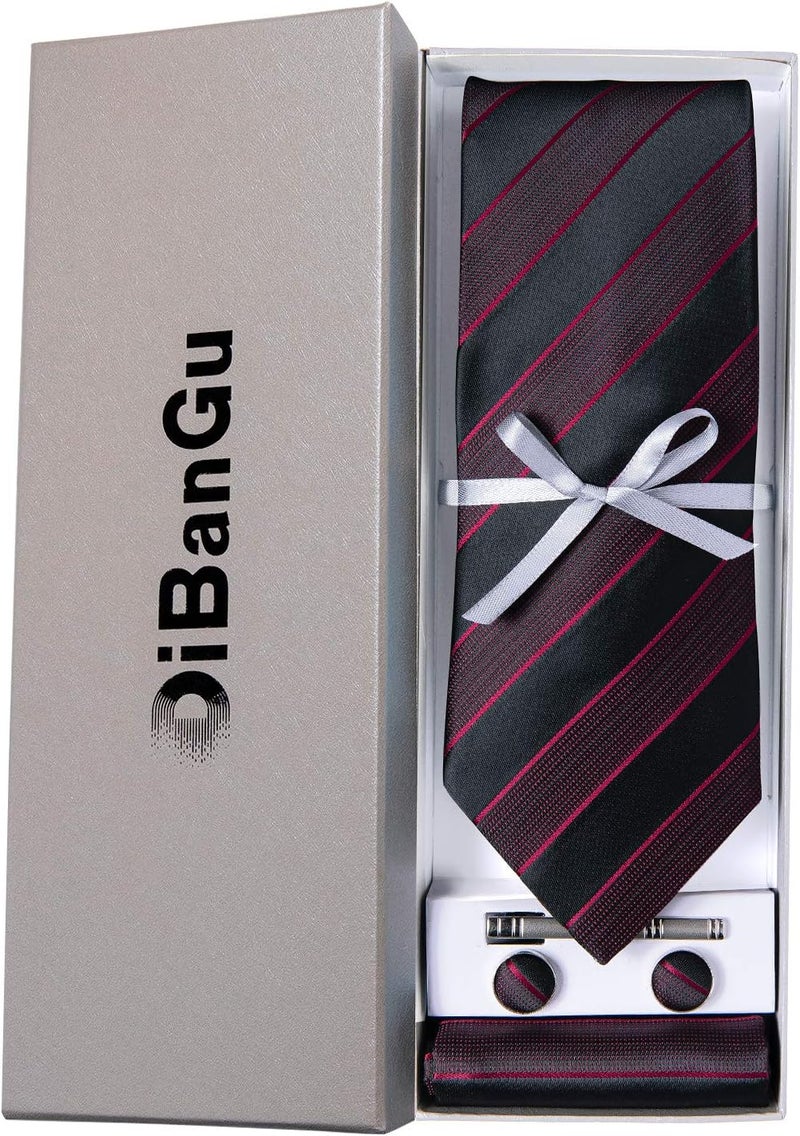 DiBanGu Mens Striped Tie Silk Woven Necktie and Pocket Square Cufflinks Tie Clip Set Wedding Business Formal Gift Tie for Men - Image 4